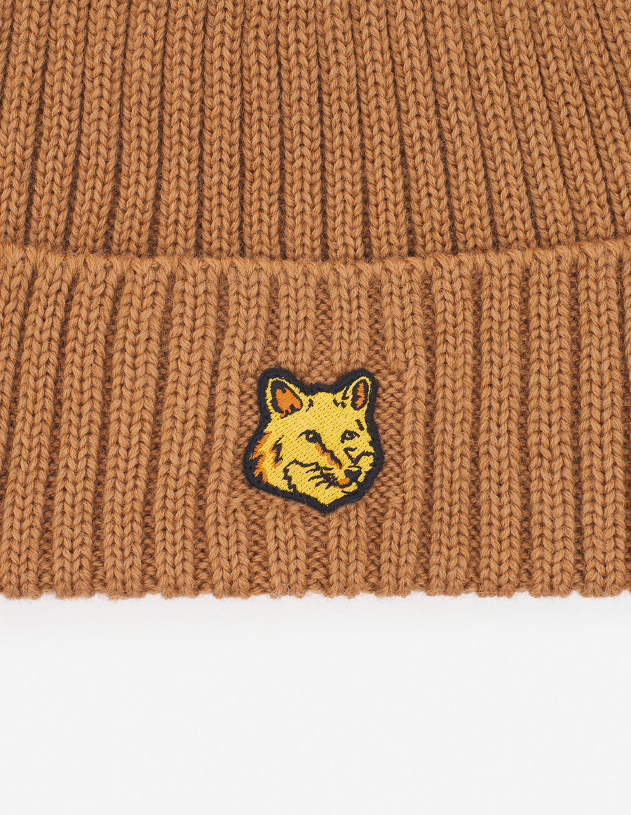 Bold Fox Head Patch Ribbed Beanie Golden Brown