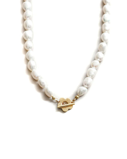 17" Pearl Necklace With Flower Toggle In Gold