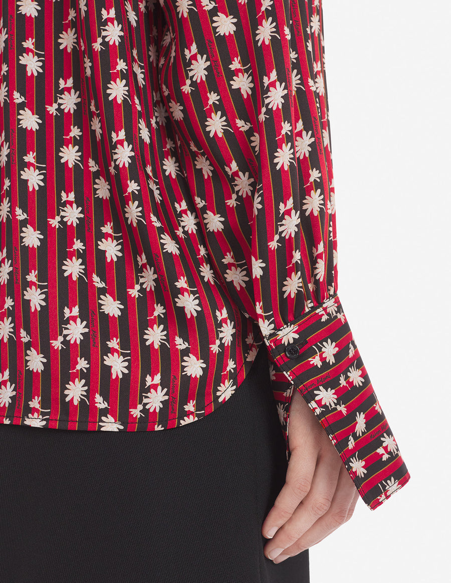 Boxy Shirt With Concealed Placket In Floral Stripe Pecan Brown/Cherry Floral