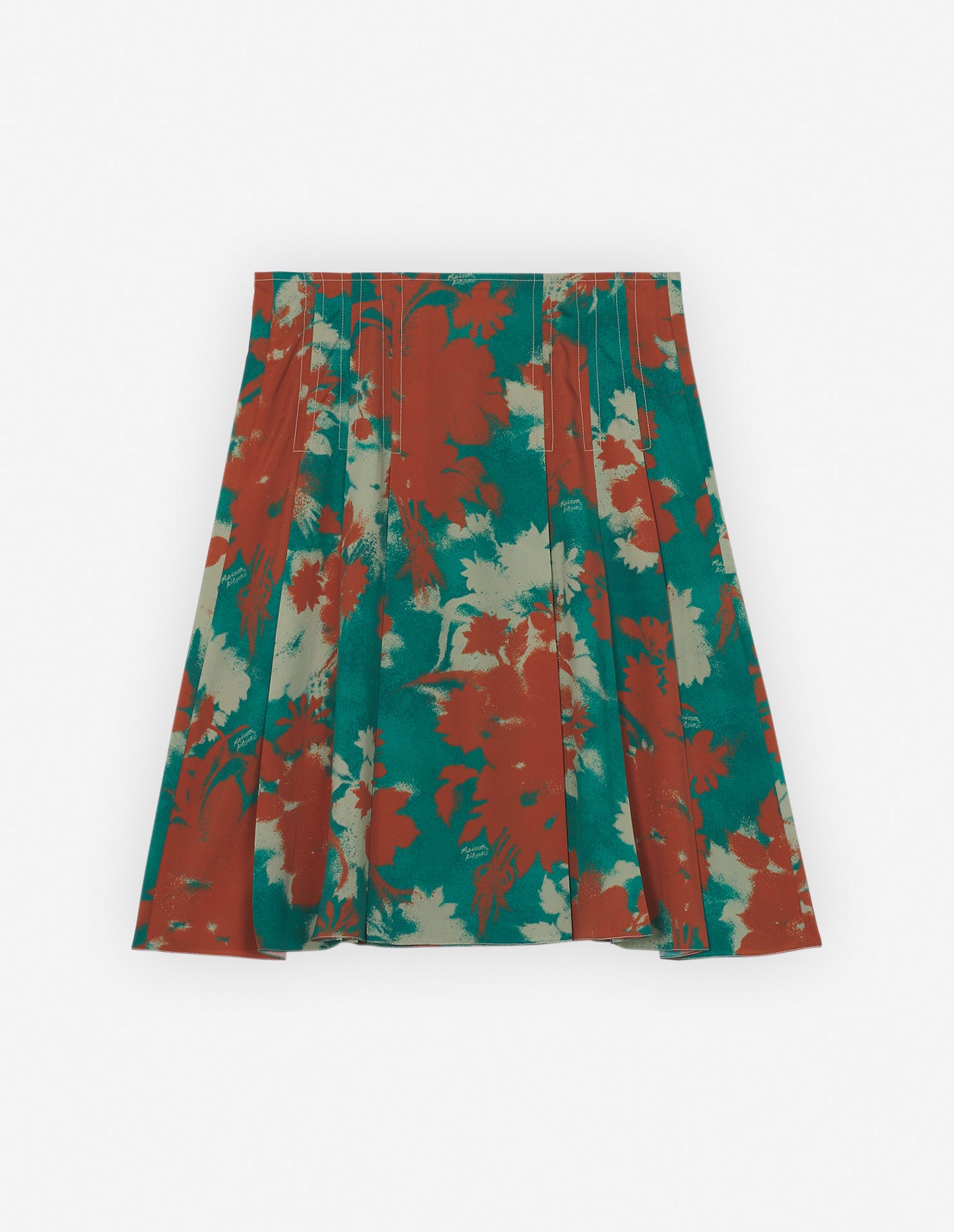 Knee Pleated Wrap Skirt In Bouquet Rust/Emerald Green Floral Cameo