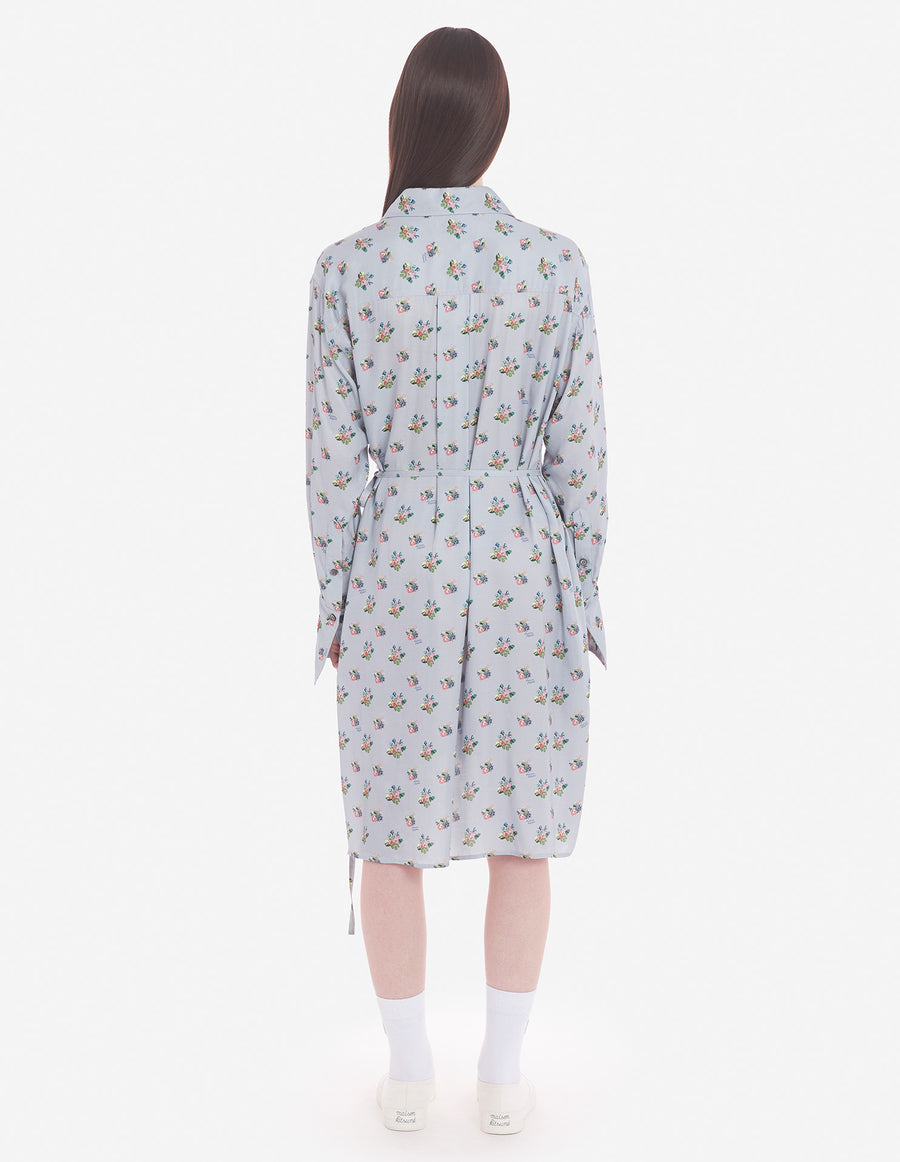 Knee Shirt Dress In Floral Printed Viscose Twill Grey Blue Bouquet Allover