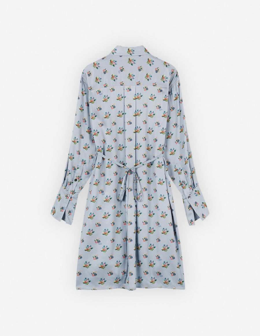 Knee Shirt Dress In Floral Printed Viscose Twill Grey Blue Bouquet Allover