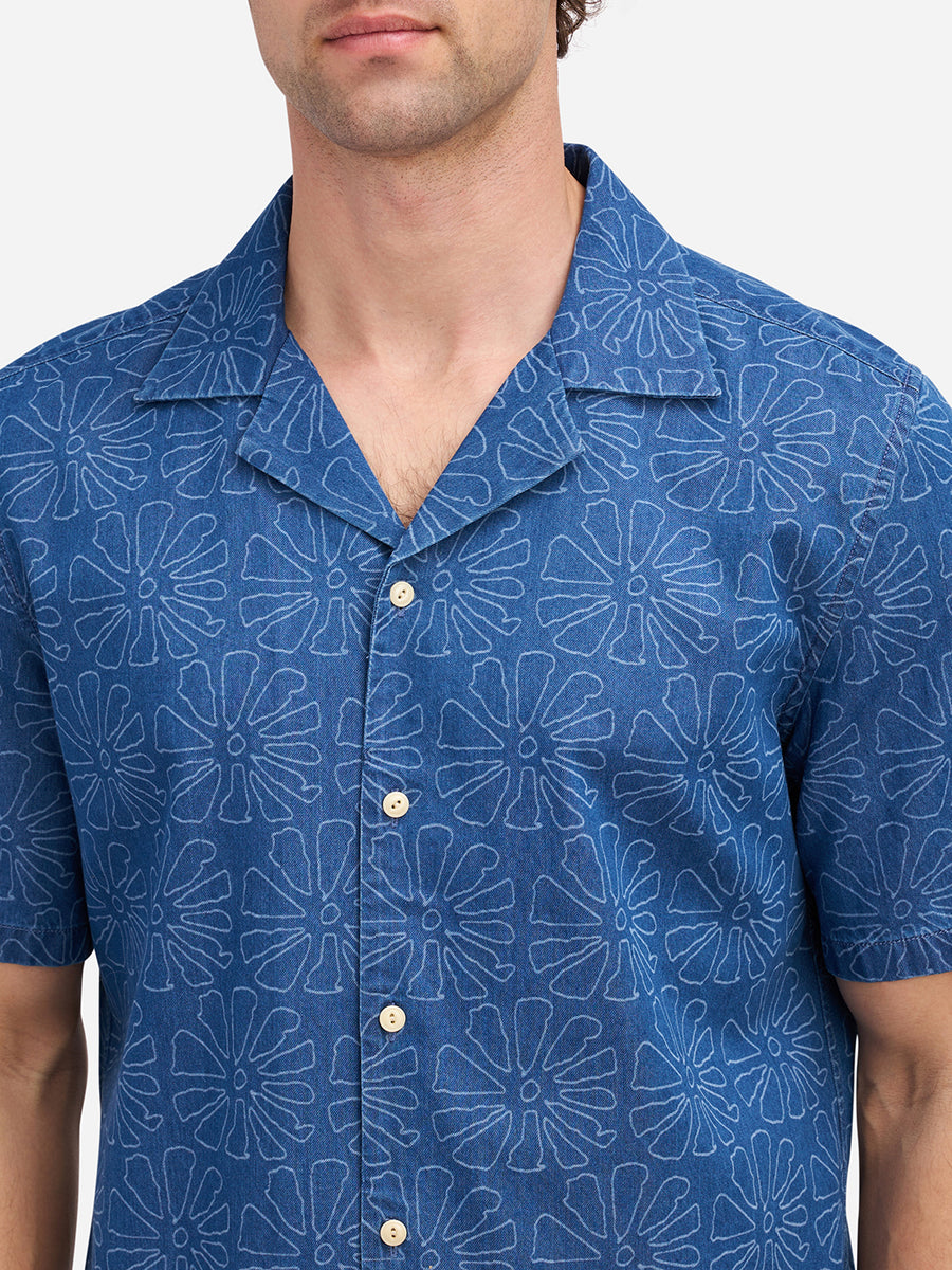 Camp Collar Shirt Mid Indigo Flower Pattern
