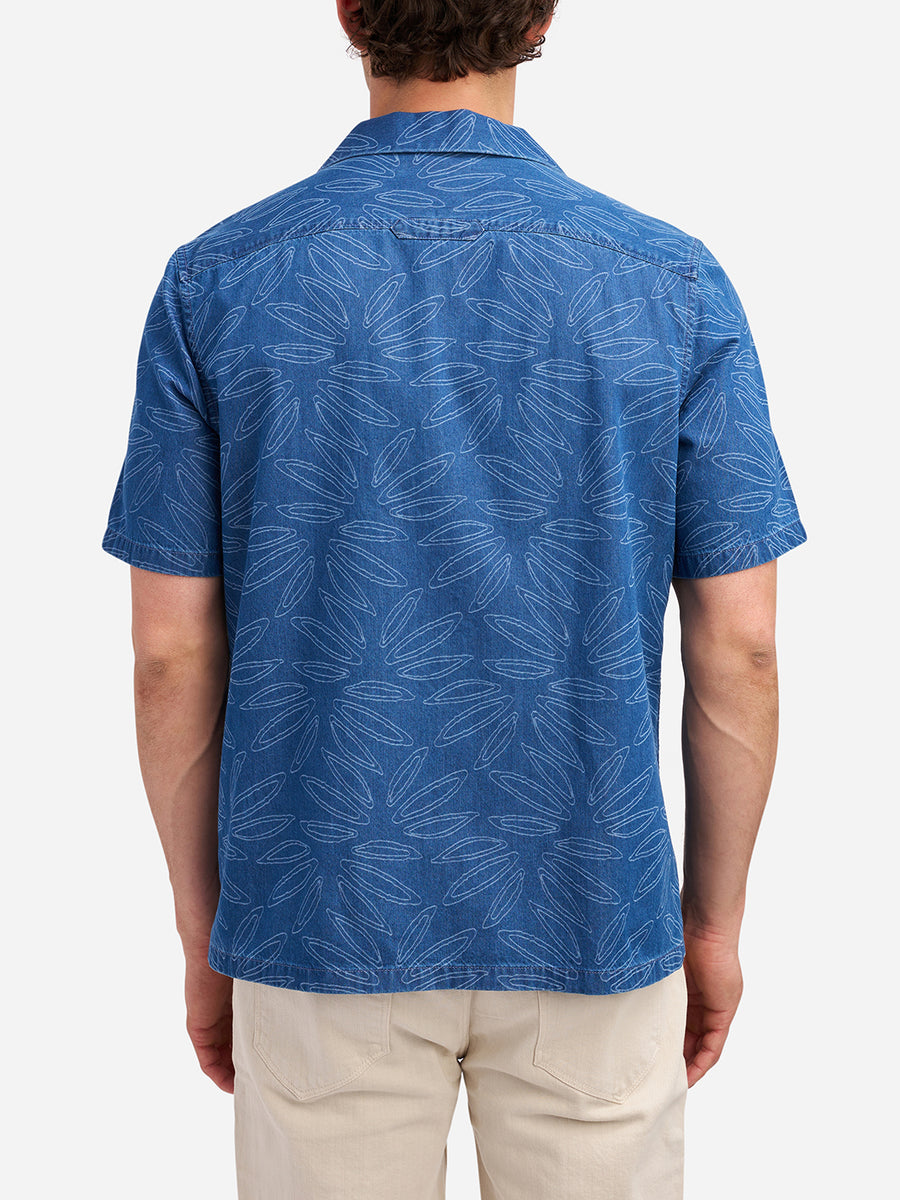 Camp Collar Shirt Mid Indigo Leaf Pattern