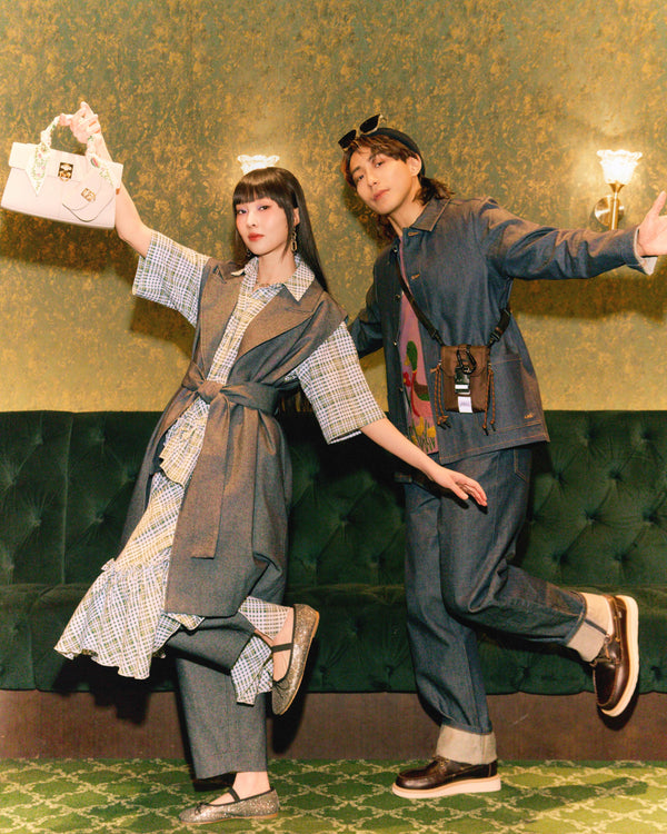 on him | tee: found | jacket: a.p.c | pants: a.p.c  • on her | blazer: in good company | shirt & skirt: you must create | handbag: cafuné