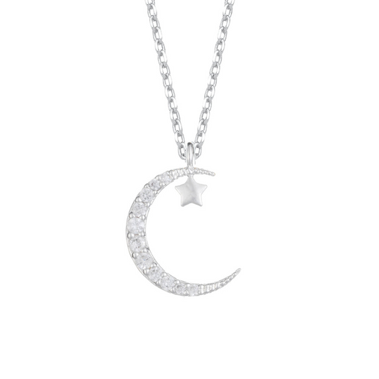 Moon & Star Necklace - Silver Plated