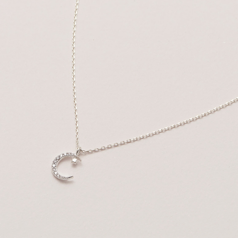 Moon & Star Necklace - Silver Plated