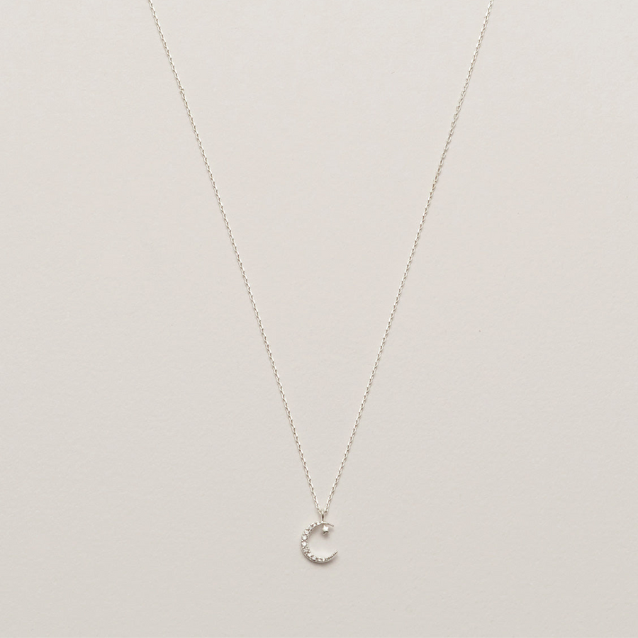 Moon & Star Necklace - Silver Plated