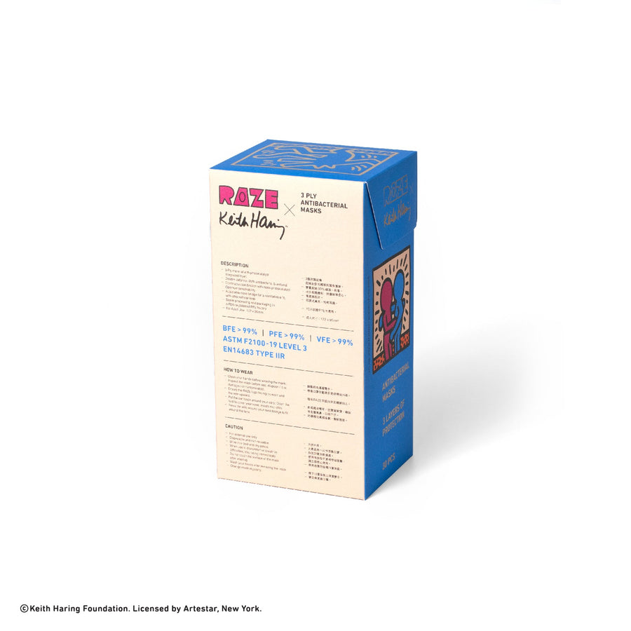 RAZE x Keith Haring 3-Ply Antibacterial Masks - Blue Box Light Series Medium 30pcs