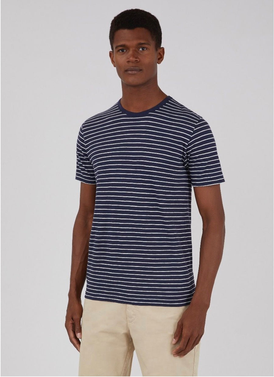 SS Crew Neck T-Shirt Navy/Off White Cotton Linen Stripe