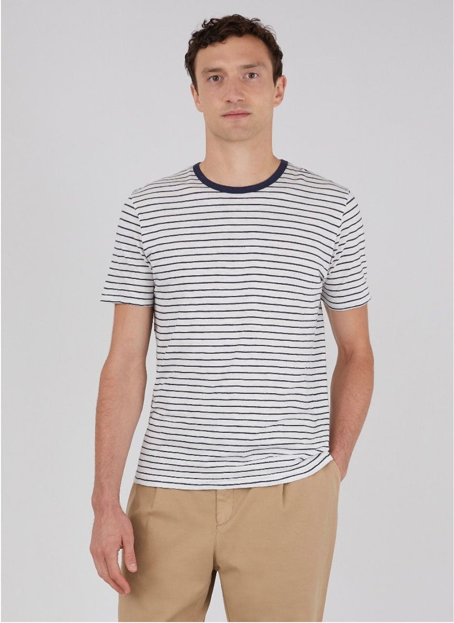 SS Crew Neck T-Shirt Off White/Navy Cotton Linen Stripe