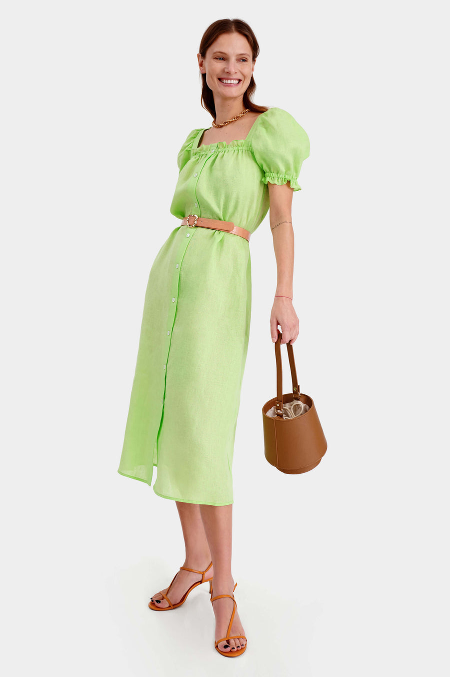 Midi Linen Dress Brigitte In Lime
