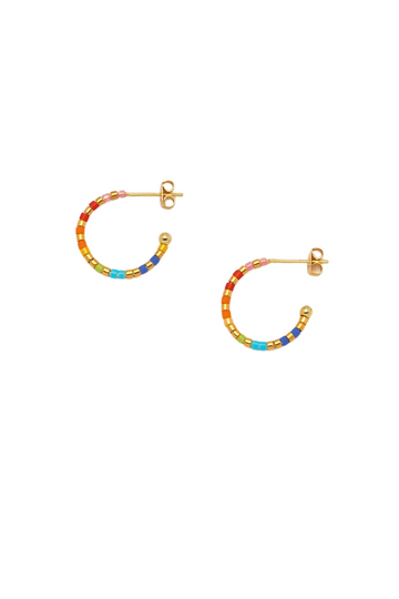 Rainbow Beaded Hoop Earrings - Yellow Gold