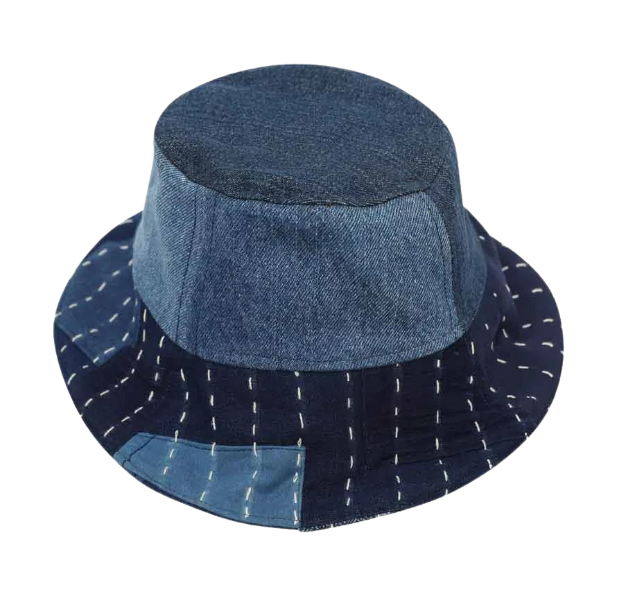 Blue Bucket Hat In Vintage Denim And Sashiko