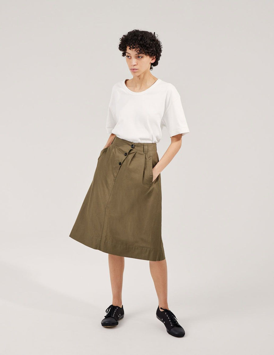 Asymmetric Pleat Front Skirt Khaki