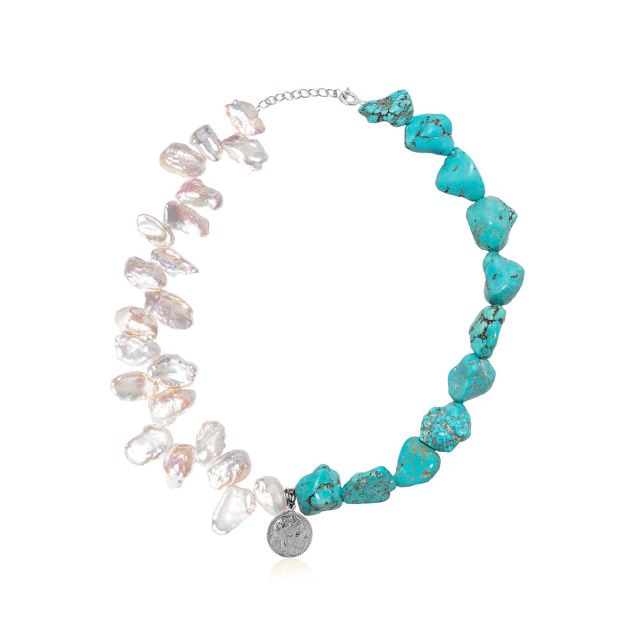 Athena Pearl & Turquoise Necklace Silver 42cm
