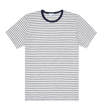 SS Crew Neck T-Shirt Off White/Navy Cotton Linen Stripe