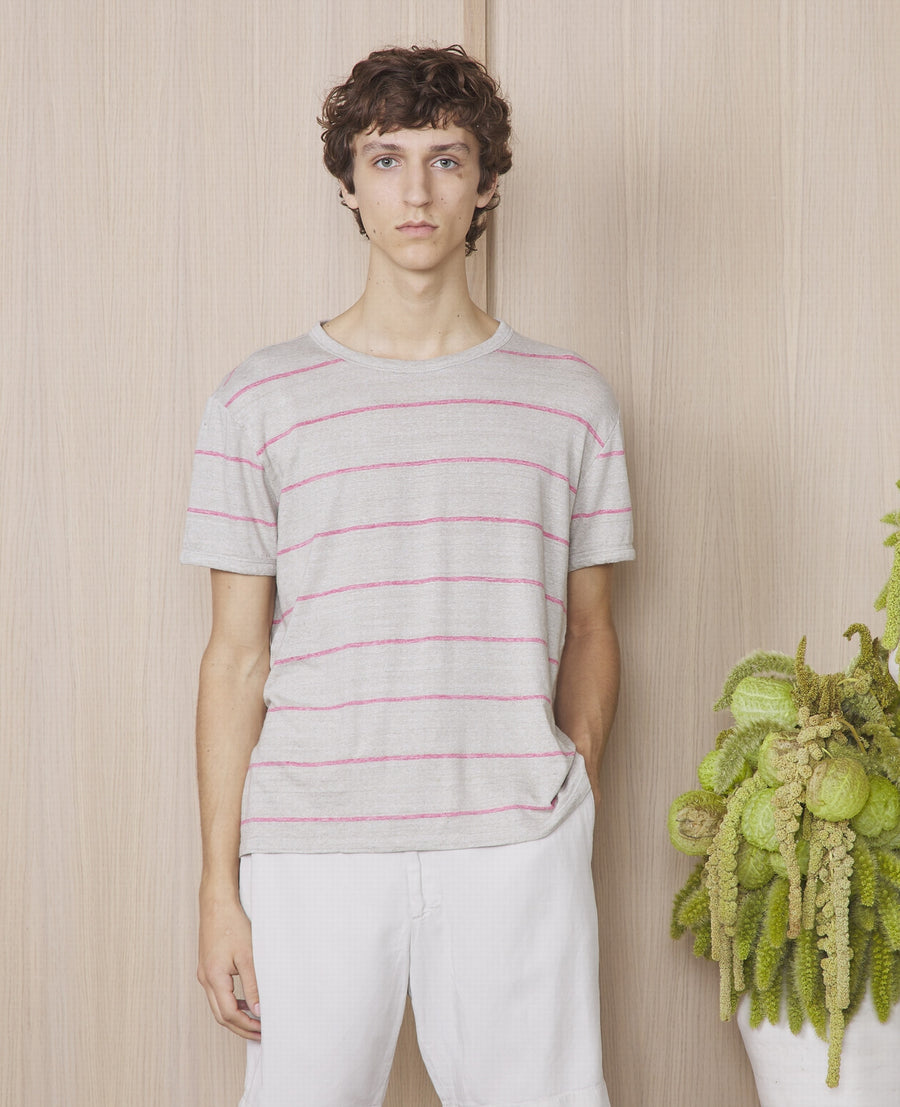 French Linen Tee - Hthr Grey/Hthr Pink Stripe
